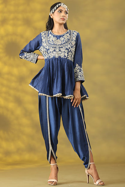 Dark Blue Chanderi Silk Sequins Handwork Anarkali Set