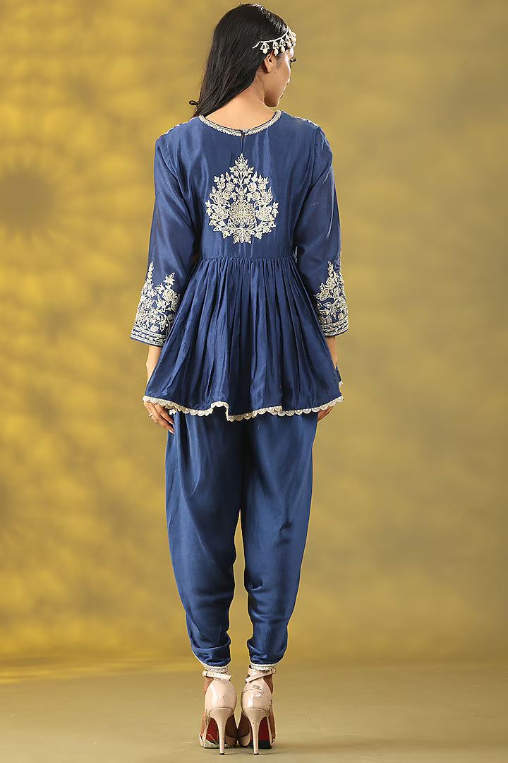 Dark Blue Chanderi Silk Sequins Handwork Anarkali Set