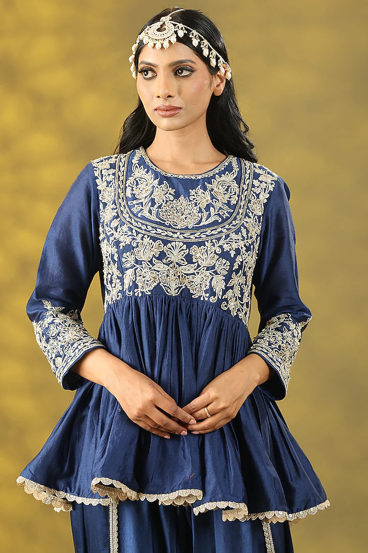 Dark Blue Chanderi Silk Sequins Handwork Anarkali Set