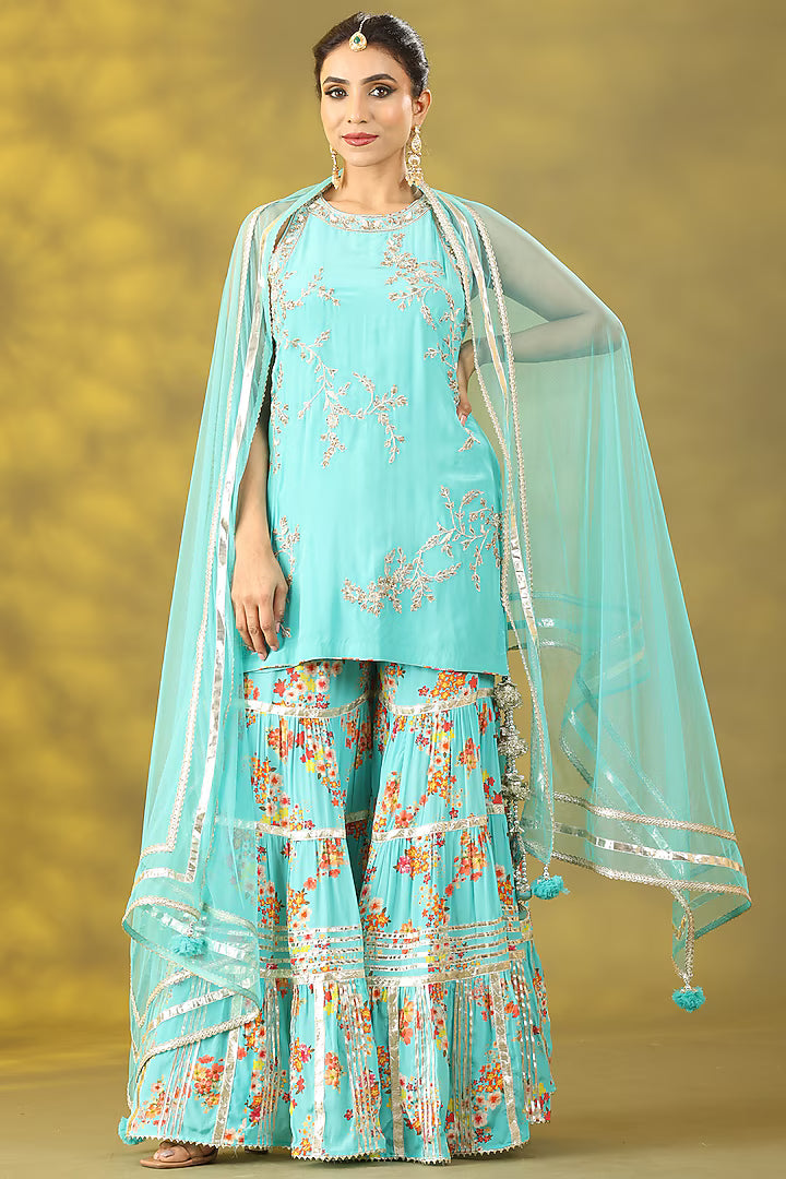 Sky Blue Dupion Gota Lace Embroidered & Printed Gharara Set