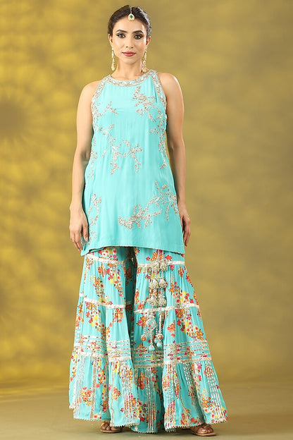 Sky Blue Dupion Gota Lace Embroidered & Printed Gharara Set