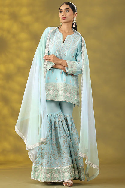 Aqua Blue Cotton Silk Gota Work Gharara Set