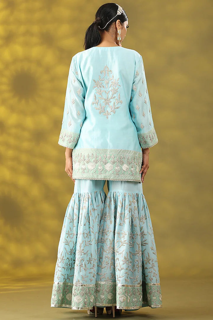 Aqua Blue Cotton Silk Gota Work Gharara Set