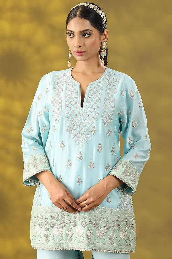 Aqua Blue Cotton Silk Gota Work Gharara Set