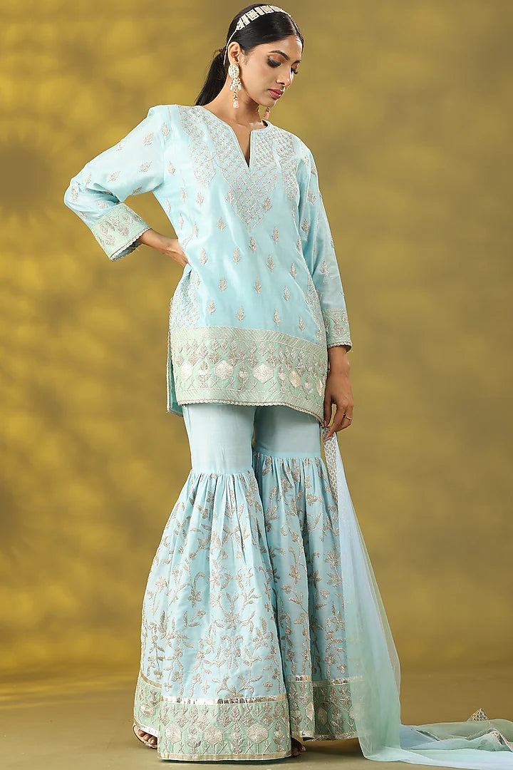 Aqua Blue Cotton Silk Gota Work Gharara Set