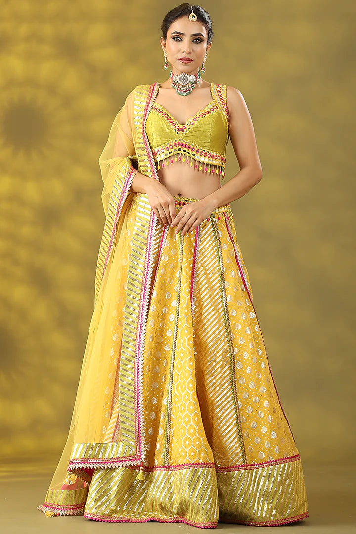 Golden Yellow Chanderi Silk Hand Embroidered Lehenga Set