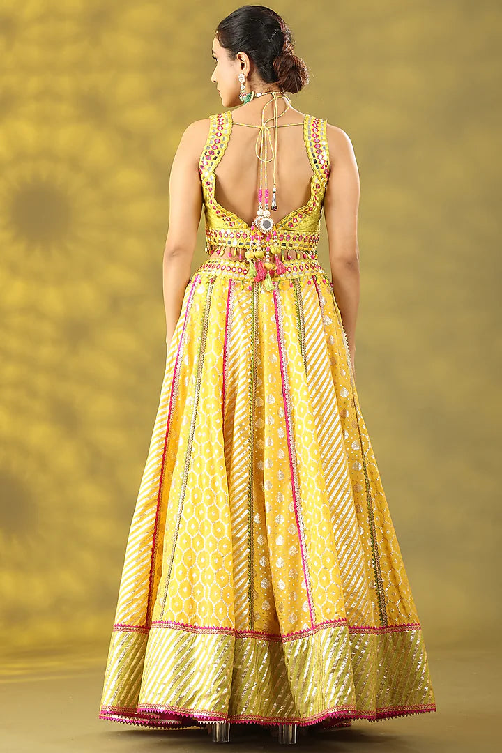 Golden Yellow Chanderi Silk Hand Embroidered Lehenga Set