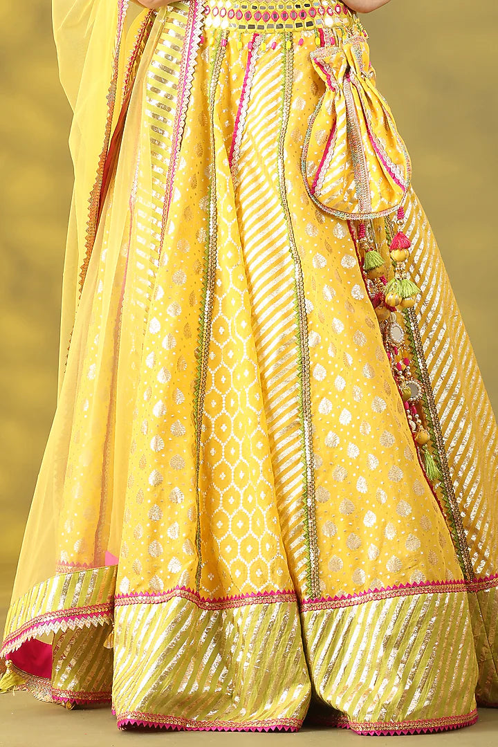 Golden Yellow Chanderi Silk Hand Embroidered Lehenga Set