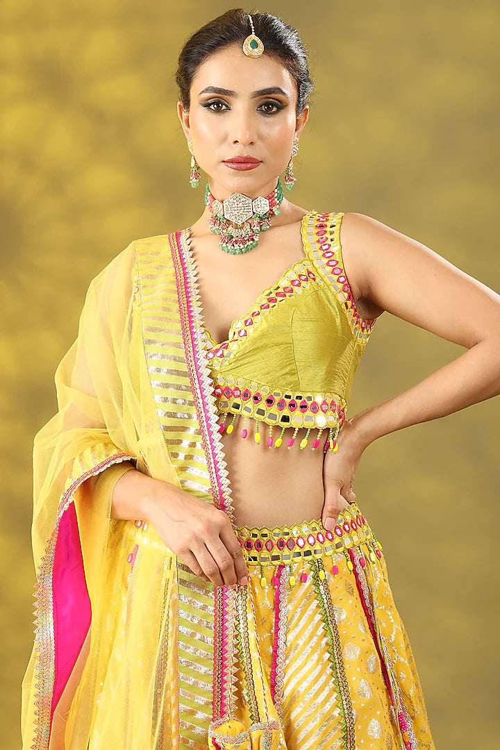 Golden Yellow Chanderi Silk Hand Embroidered Lehenga Set