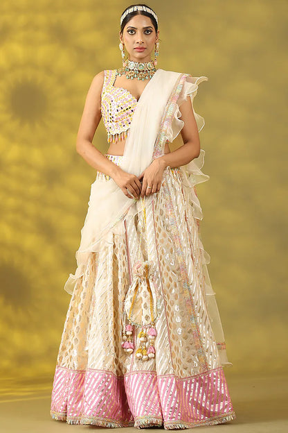 White Chanderi Silk Hand Embroidered Lehenga Set