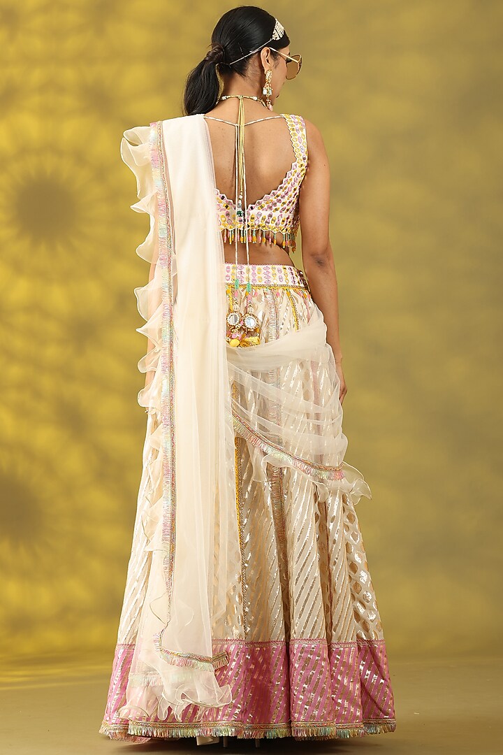 White Chanderi Silk Hand Embroidered Lehenga Set
