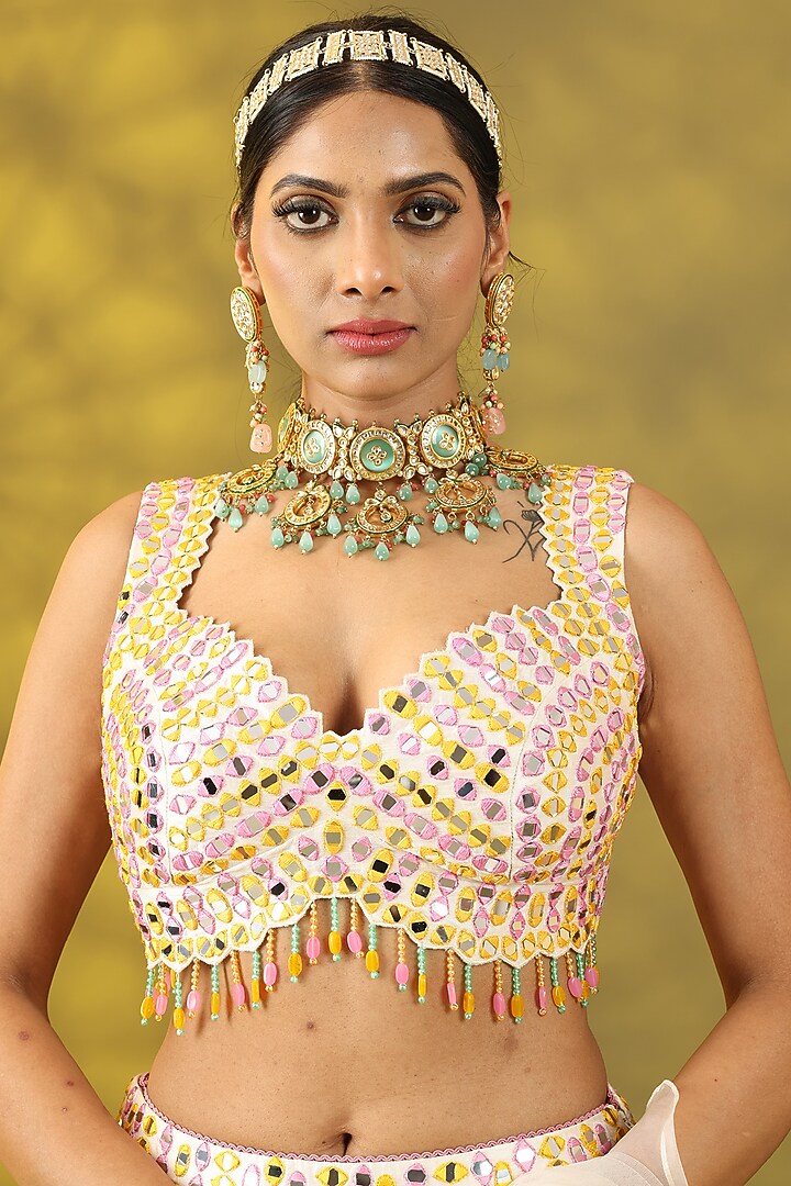 White Chanderi Silk Hand Embroidered Lehenga Set