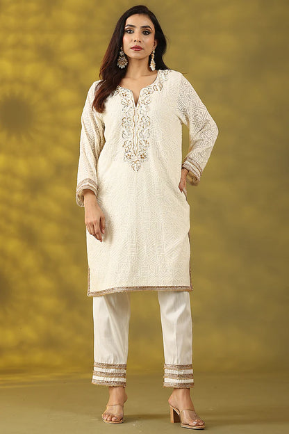 Off-White Cotton Chanderi Mirror Embroidered Kurta Set