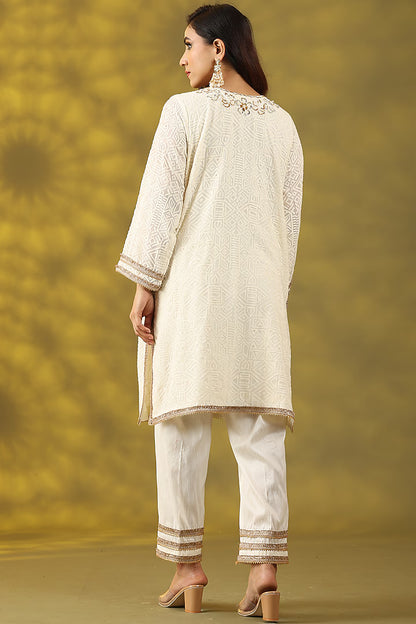 Off-White Cotton Chanderi Mirror Embroidered Kurta Set