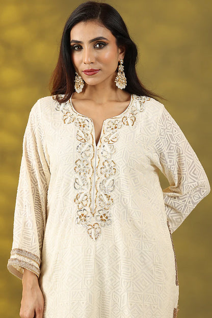 Off-White Cotton Chanderi Mirror Embroidered Kurta Set