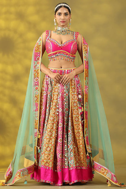Multi-Colored Chanderi Silk Hand Embroidered Lehenga Set