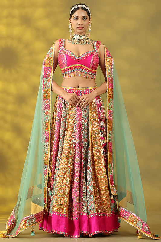 Multi-Colored Chanderi Silk Hand Embroidered Lehenga Set