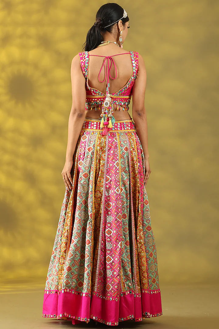Multi-Colored Chanderi Silk Hand Embroidered Lehenga Set