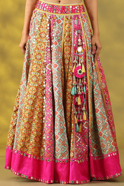 Multi-Colored Chanderi Silk Hand Embroidered Lehenga Set