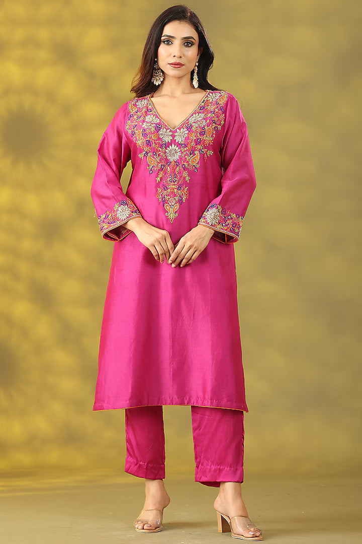 Magenta Chanderi Silk Zardosi Embroidered Kurta Set
