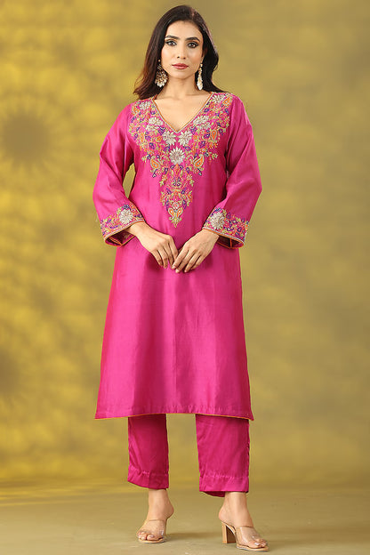 Magenta Chanderi Silk Zardosi Embroidered Kurta Set