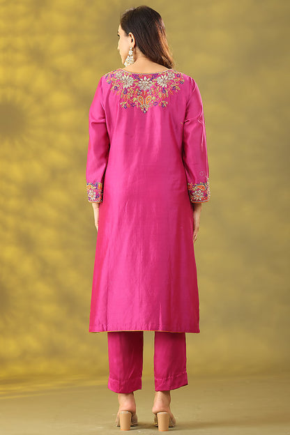 Magenta Chanderi Silk Zardosi Embroidered Kurta Set