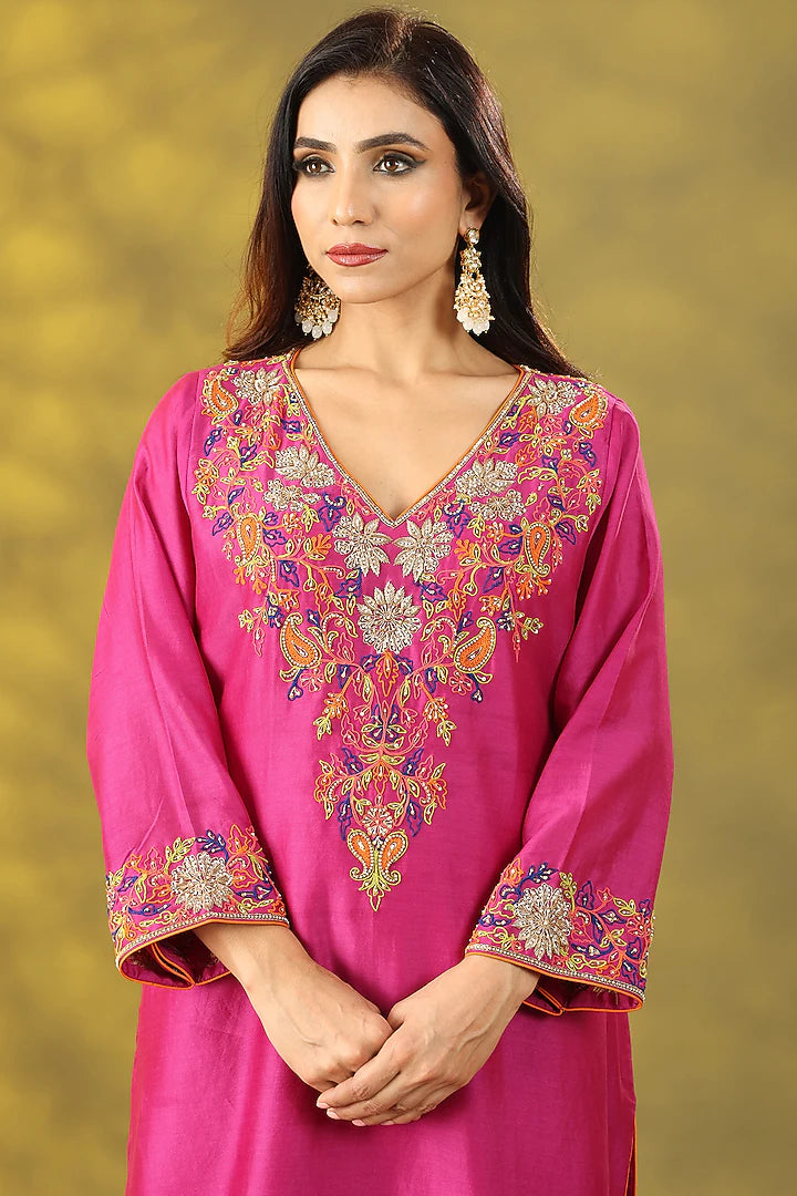 Magenta Chanderi Silk Zardosi Embroidered Kurta Set