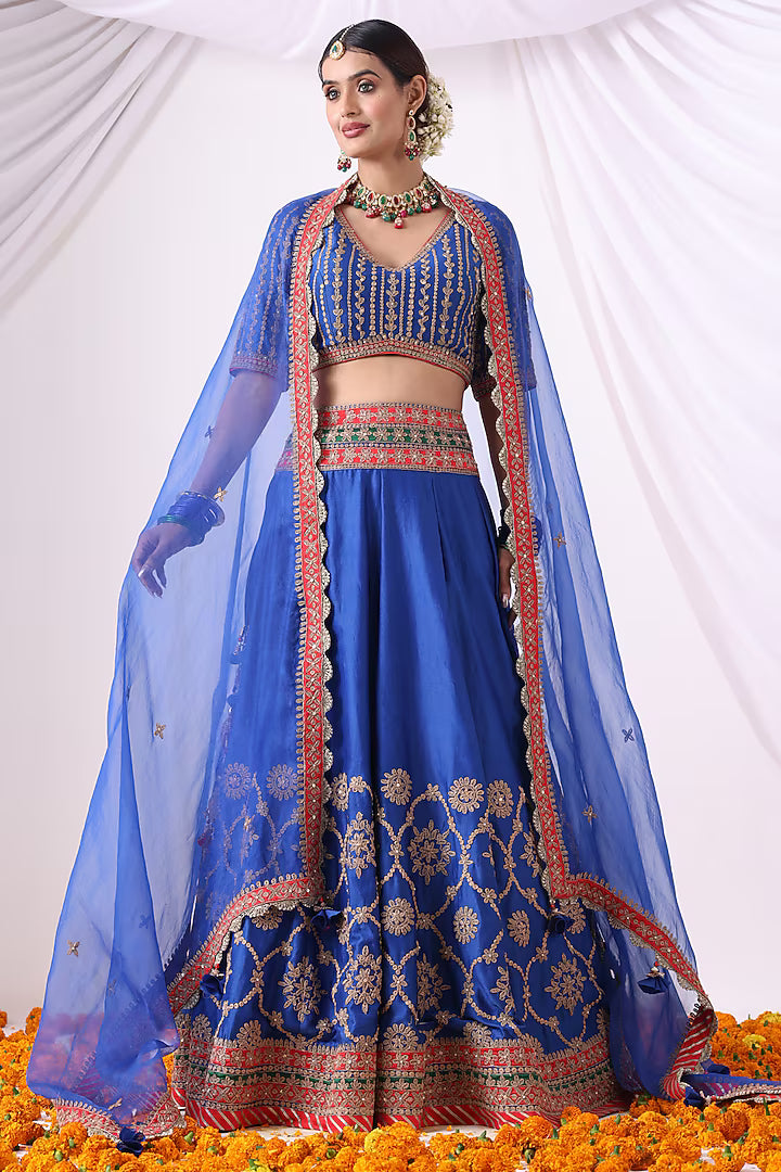 Warm Blue Banarasi Chanderi Zari Embroidered Lehenga Set