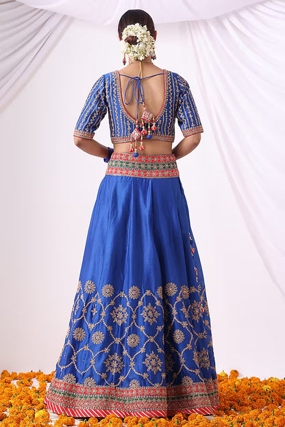 Warm Blue Banarasi Chanderi Zari Embroidered Lehenga Set