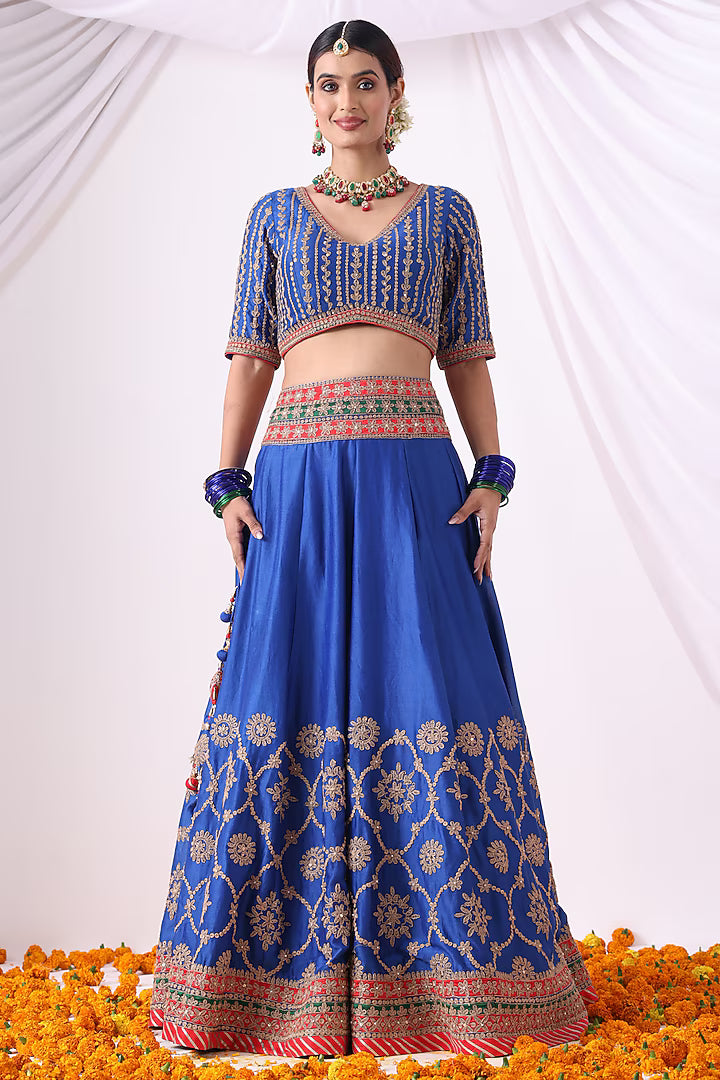 Warm Blue Banarasi Chanderi Zari Embroidered Lehenga Set