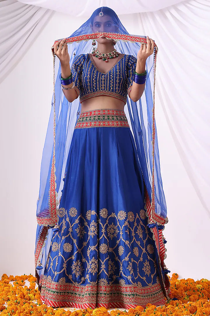 Warm Blue Banarasi Chanderi Zari Embroidered Lehenga Set