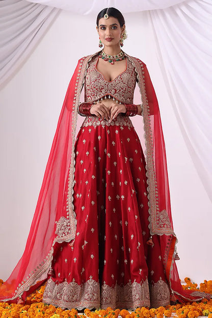 Maroon Banarasi Chanderi Zari Embroidered Lehenga Set