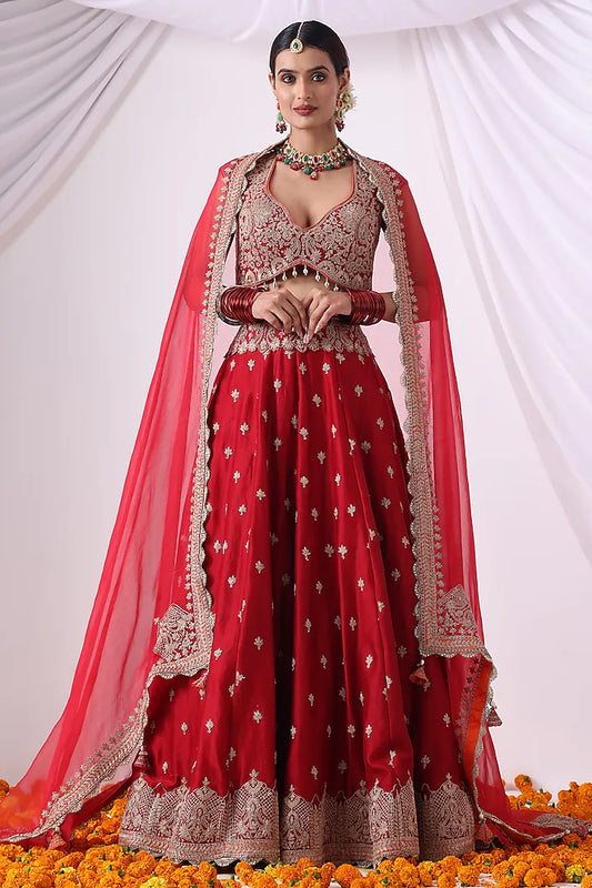 Maroon Banarasi Chanderi Zari Embroidered Lehenga Set
