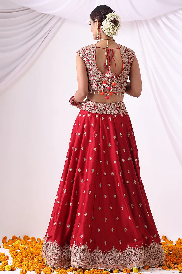 Maroon Banarasi Chanderi Zari Embroidered Lehenga Set