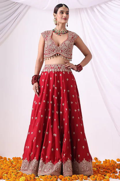 Maroon Banarasi Chanderi Zari Embroidered Lehenga Set