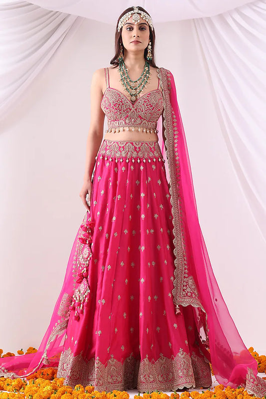 Magenta Banarasi Chanderi Zari Embroidered Lehenga Set