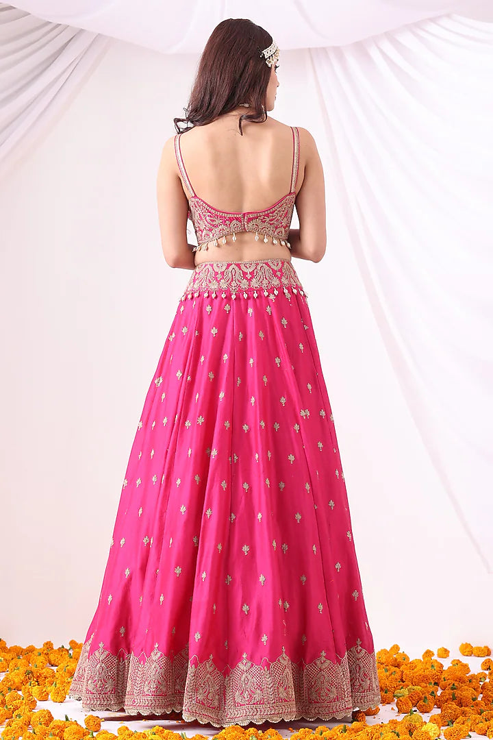 Magenta Banarasi Chanderi Zari Embroidered Lehenga Set