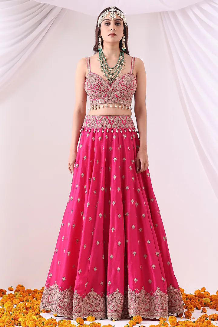 Magenta Banarasi Chanderi Zari Embroidered Lehenga Set