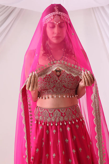 Magenta Banarasi Chanderi Zari Embroidered Lehenga Set