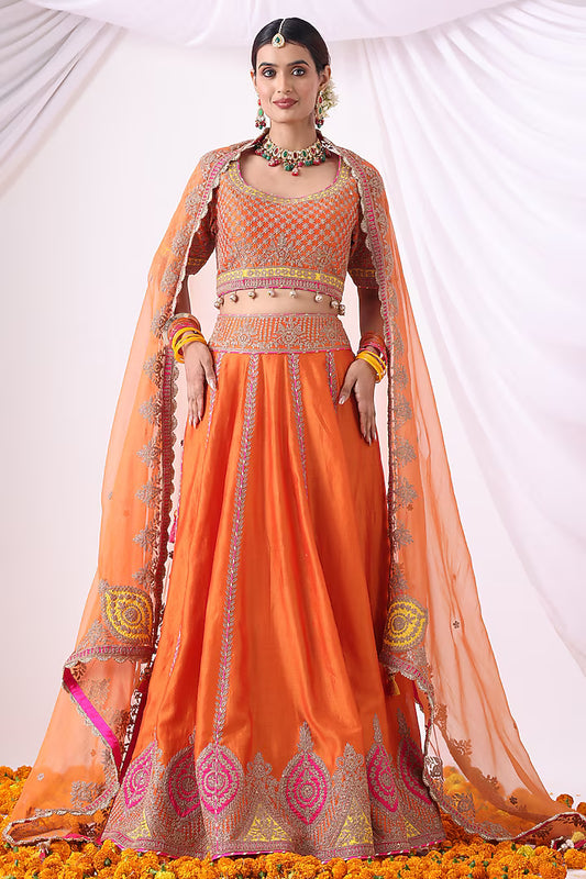 Orange Banarasi Chanderi Zari Embroidered Lehenga Set