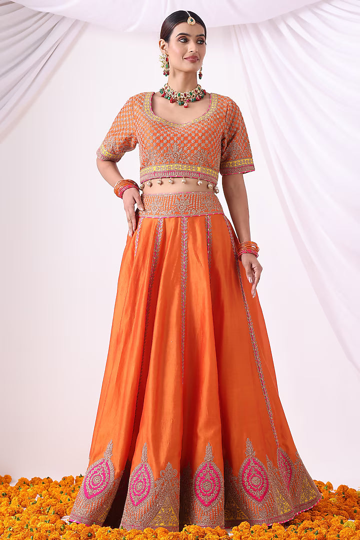 Orange Banarasi Chanderi Zari Embroidered Lehenga Set