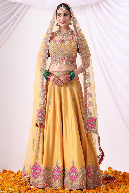 Mustard Banarasi Chanderi Zari Embroidered Lehenga Set