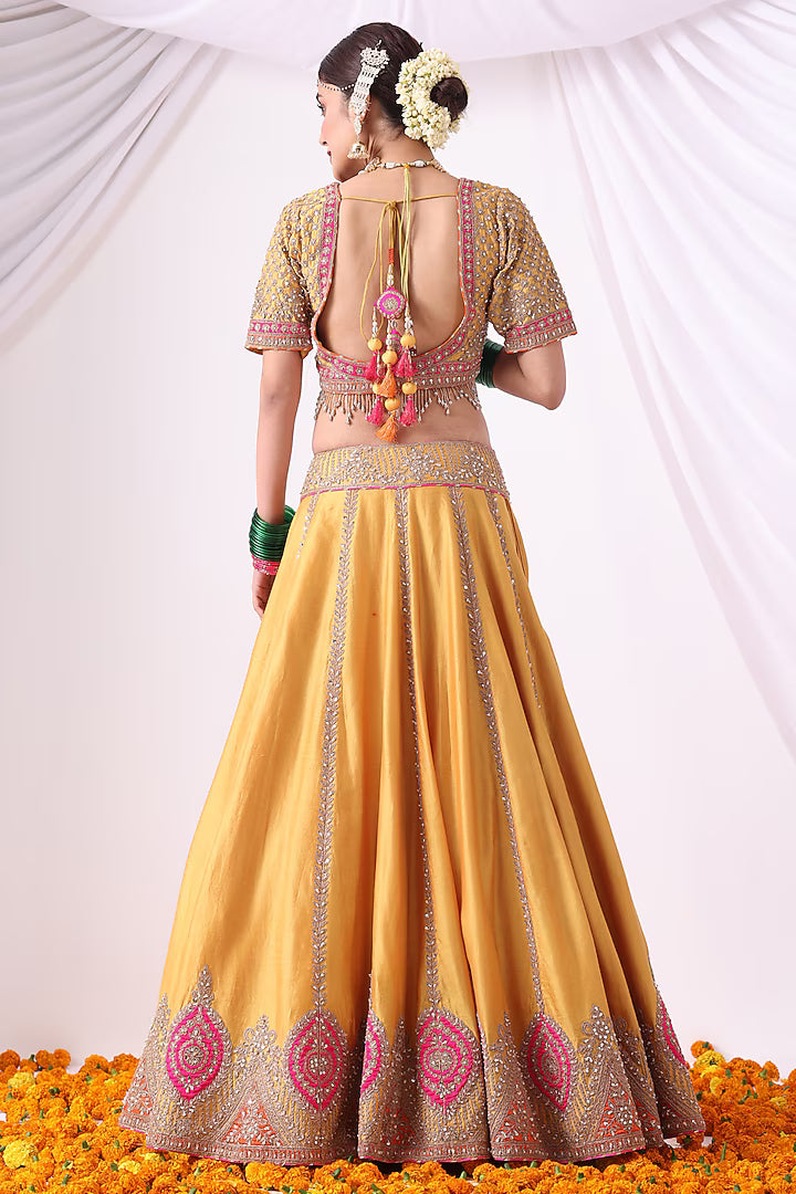 Mustard Banarasi Chanderi Zari Embroidered Lehenga Set