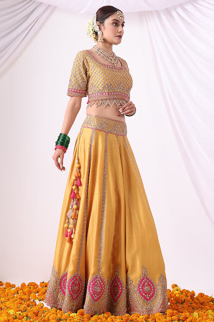 Mustard Banarasi Chanderi Zari Embroidered Lehenga Set