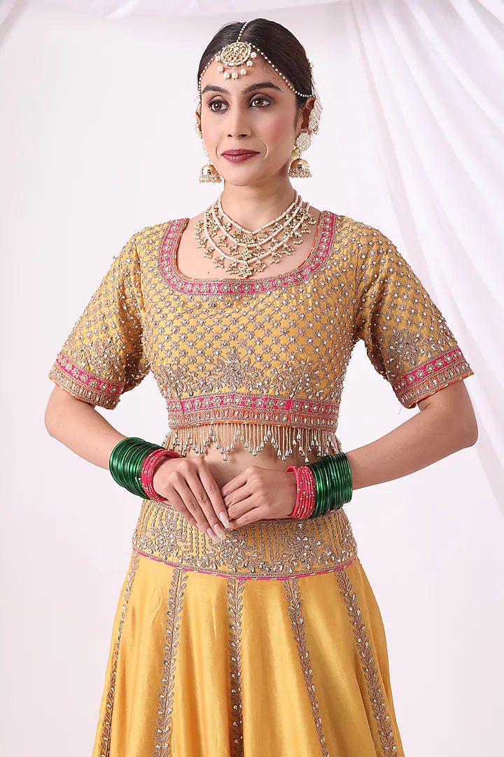 Mustard Banarasi Chanderi Zari Embroidered Lehenga Set