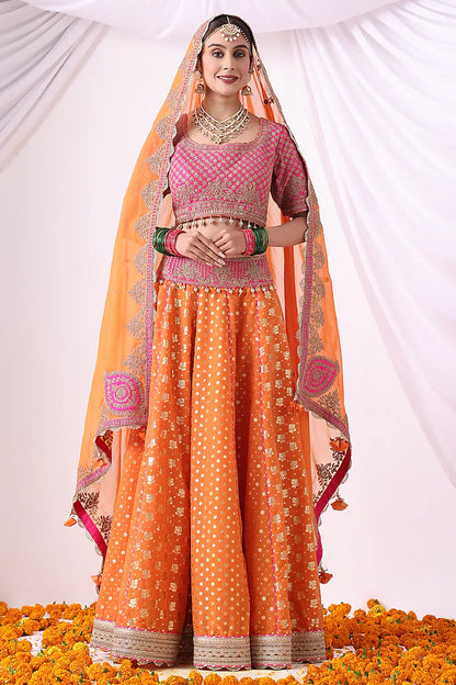 Orange Banarasi Khadi Chanderi Zari Embroidered Lehenga Set