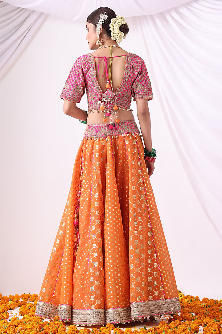 Orange Banarasi Khadi Chanderi Zari Embroidered Lehenga Set