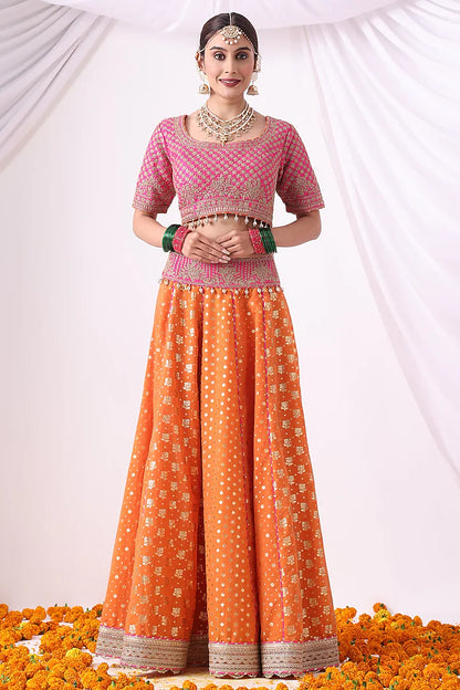 Orange Banarasi Khadi Chanderi Zari Embroidered Lehenga Set