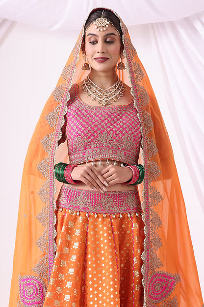 Orange Banarasi Khadi Chanderi Zari Embroidered Lehenga Set
