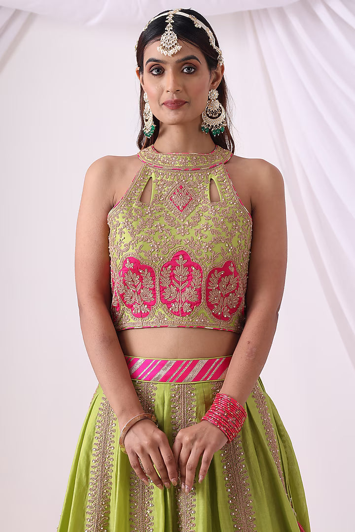 Parrot Green Banarasi Chanderi Zari Embroidered Lehenga Set